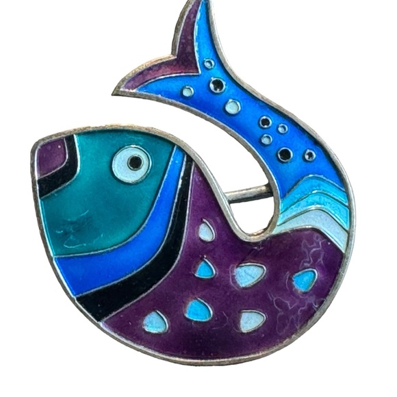 Signed David Anderson Norway Enameled Sterling Silver Vintage Fish Brooch - Picture 2 of 5